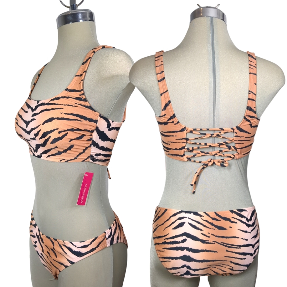 *New*XHILARATION Orange & Brown Leopard 2 pieces Swimsuit Top Size M Bikini L